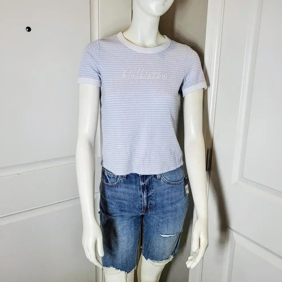 Hollister Ribbed Blue and White Cropped Striped T-Shirt Juniors Size XL - Picture 12 of 15